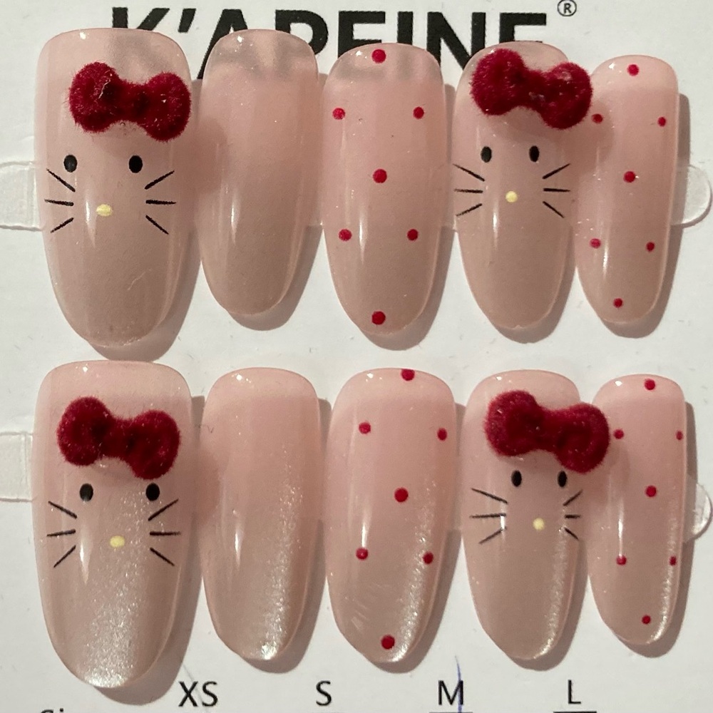 [M] 🎀💅 10Pcs Wearable Press on Nails Almond Pink Hello Kitty Red Bow Polka Dots